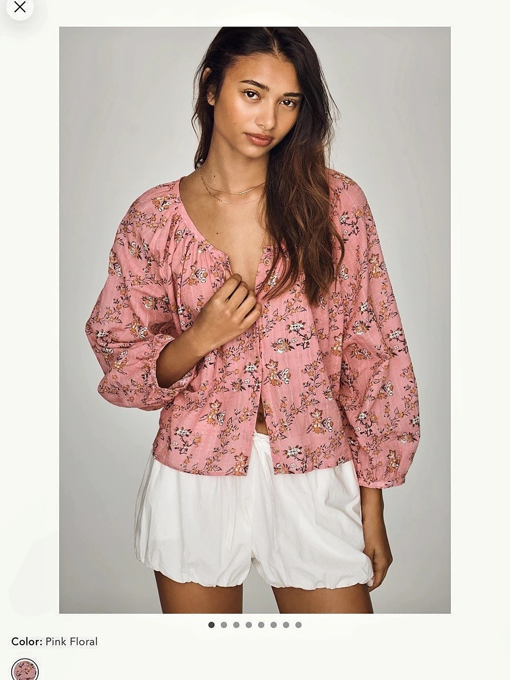 Free People Puff Sleeve Blouse Floral Pink & White Like New